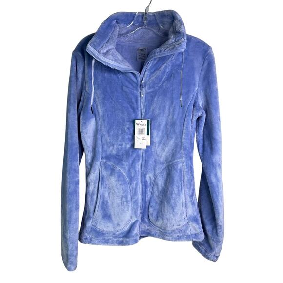 Roxy Tundra Warm Fleece Jacket Womens M Light Blue Zip Up Fuzzy Stand Collar NWT - Picture 1 of 10